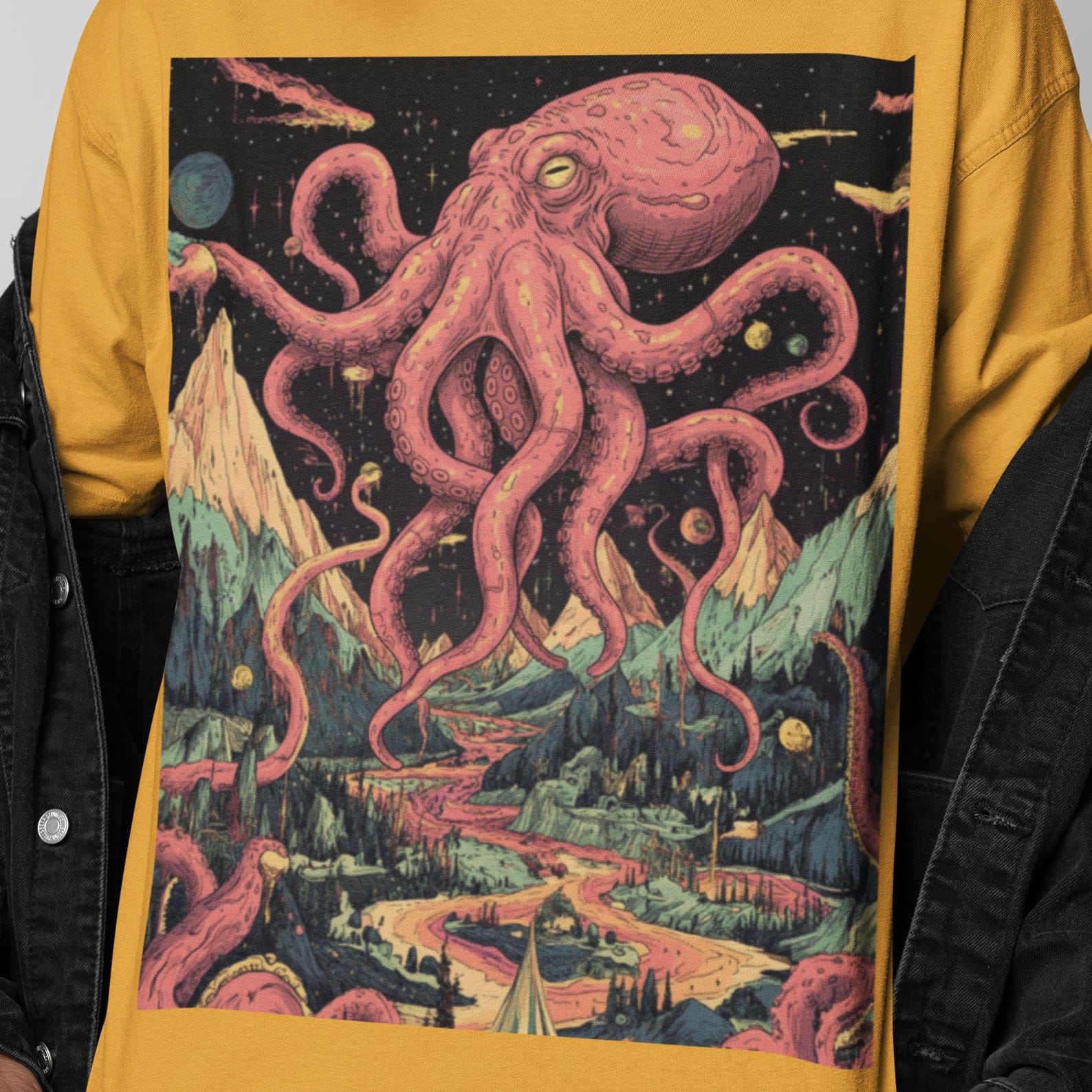Giant Octopus Surreal T-Shirt | Trippy Octopus Graphic Shirt | Cosmic Octopus Horror Tee | Gift for Art Lovers L