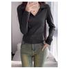 Korean POLO collar versatile long-sleeved front shoulder T-shirt women's autumn spice girl pleated waist and thin bottoming shirt top