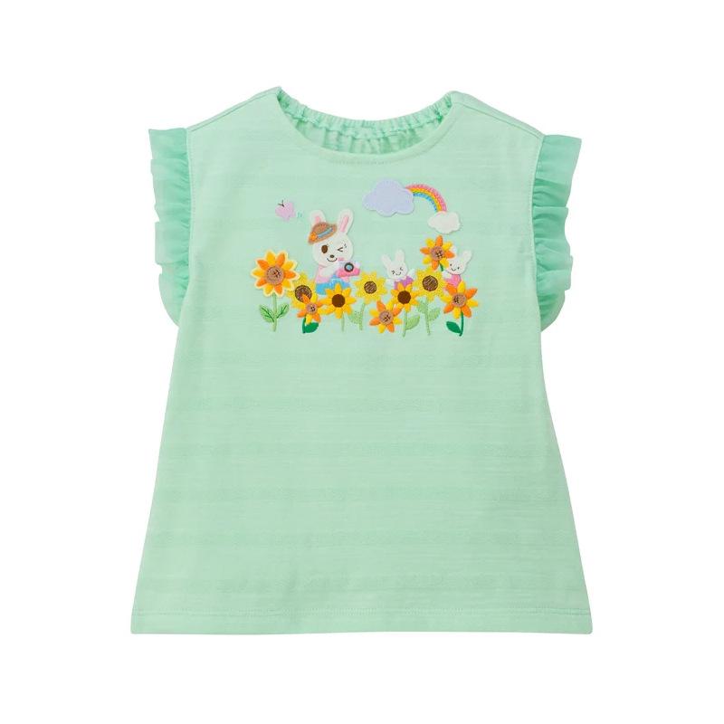 In Stock: Cute Japanese-Style Summer Lace T-shirt with Cartoon Rabbit & Sunflower Embroidery for Girls 100cm зелёный
