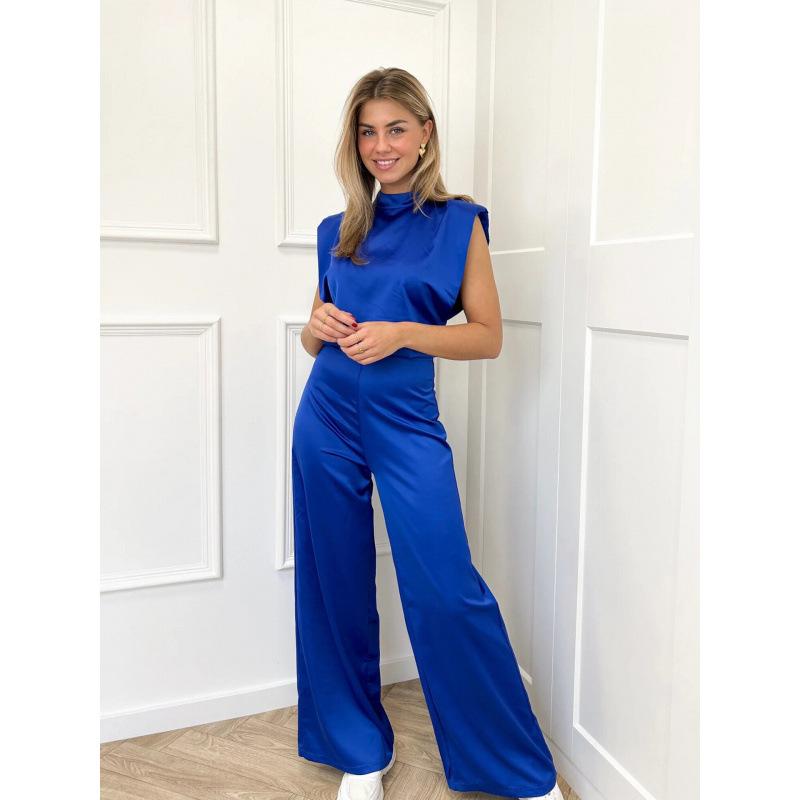 

Women s Sleeveless High Neck Satin Jumpsuit with Wide Legs in Navy Blue 2XL королівський синій колір