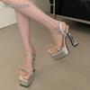15CM High Heels for Ladies Fashion Black Sandals Platform Square Toe Crystal Buckle Strap Nightclub Party Sexy Shoes Tacones