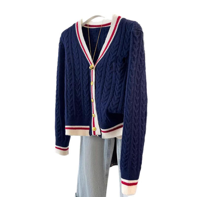 College Style V-Neck Color Block Wool Cardigan Women's Slimming Cable Knit Sweater Coat