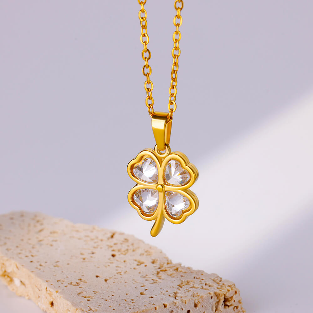 Green Four Leaf Clover Zircon Necklaces For Women Stainless Steel Gold Color Four Leaf Pendant Necklace  Weeding Jewelry Gift
