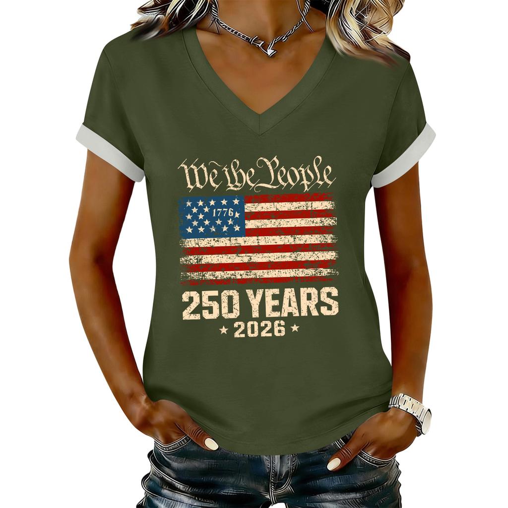 Women's Casual Printed T-Shirt V Neck Pullover Short Sleeve Top