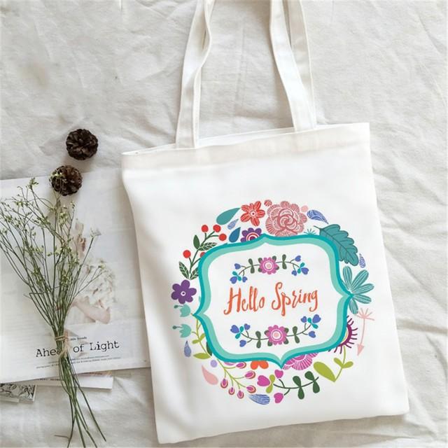 Dobrý den Jarní Květiny Potisk Nákupní Taška Ženy Plátěná Taška přes Rameno Ulzzang Eko Velkokapacitní Dámská Nákupní Taška Kabelka