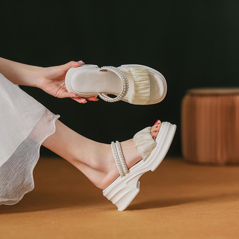 Versatile Open-toed Double Ring with Thick-bottomed Cool Slippers, Fairy Style with Skirt, High-heeled Muffin, Two Wearing Slippers, Female Outer Wear