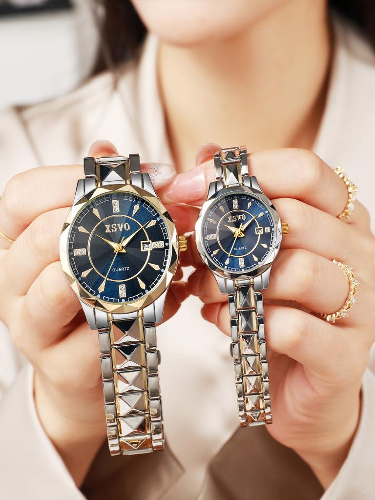 New Elegant Quartz Watch Couple's Watch Blue Disc with Diamond Calendar Functional Steel Chain Quartz Watch Set Daily Match