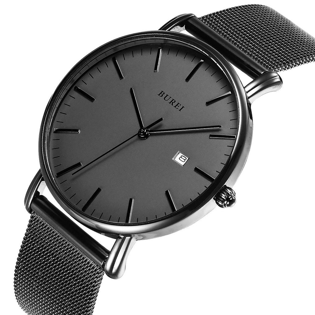 Men's Ultra-Thin Quartz Analog Watch with Date Calendar and Milanese Mesh Band - Dark Gray