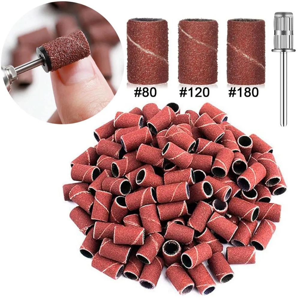 50/100Pcs Nail Sanding Cap Bands for Electric Manicure Drill Machine, 80/120/180 Grit Grinding File Pedicure Tool Accessories
