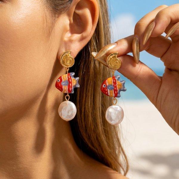 Pendiente Largo Colgante Estrella de Mar Coral Estilo Boho para Mujer Perla de Imitación Circonita de Colores Borla Larga Pendiente de Gota Joyería de Verano Playa Océano