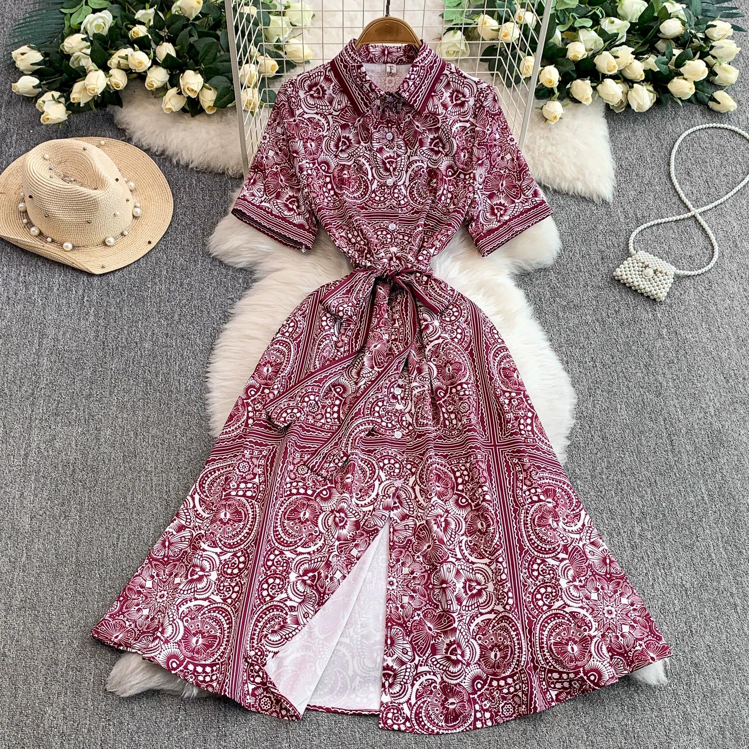 

Летнее винтажное дизайнерское платье с принтом с подиума, женская мода, отложной воротник, однобортная рубашка для вечеринки, платья на шнуровке XXL фуксия