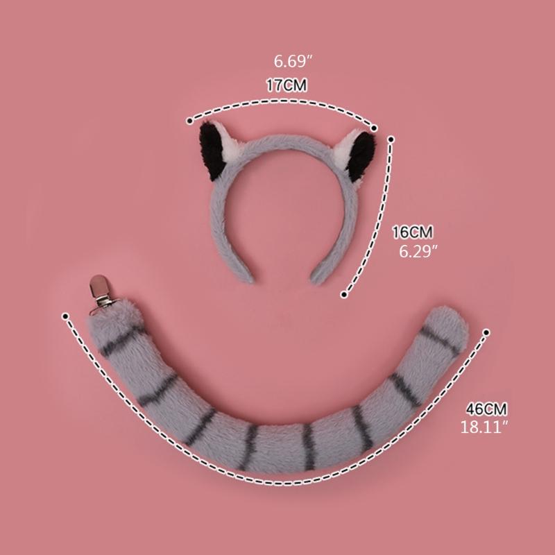 Animal Raccoon Ears Headdress Tail Set Plush Handmade Costume Set Anime for Halloween Christmas Cosplay Accessories