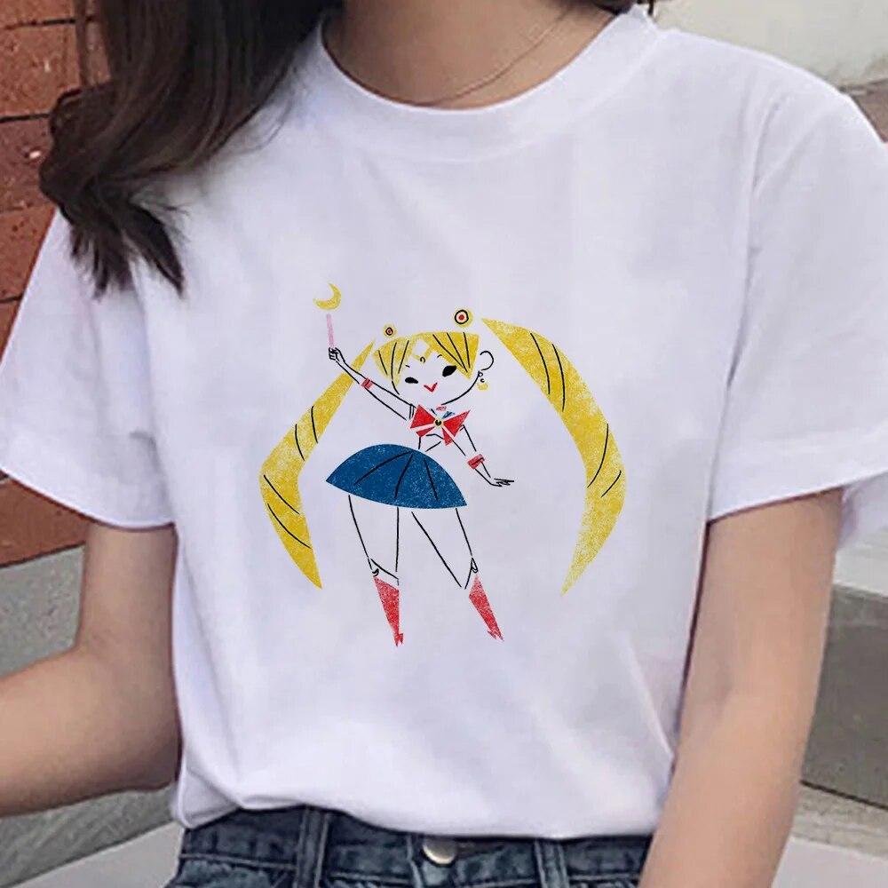 Cartoon Anime Sailor Graphic Moon Print 100 % Baumwolle T-Shirt Mode Goth Girl Kleidung Kurzarm Übergroßes Unisex Frauen T-Shirt Unisex