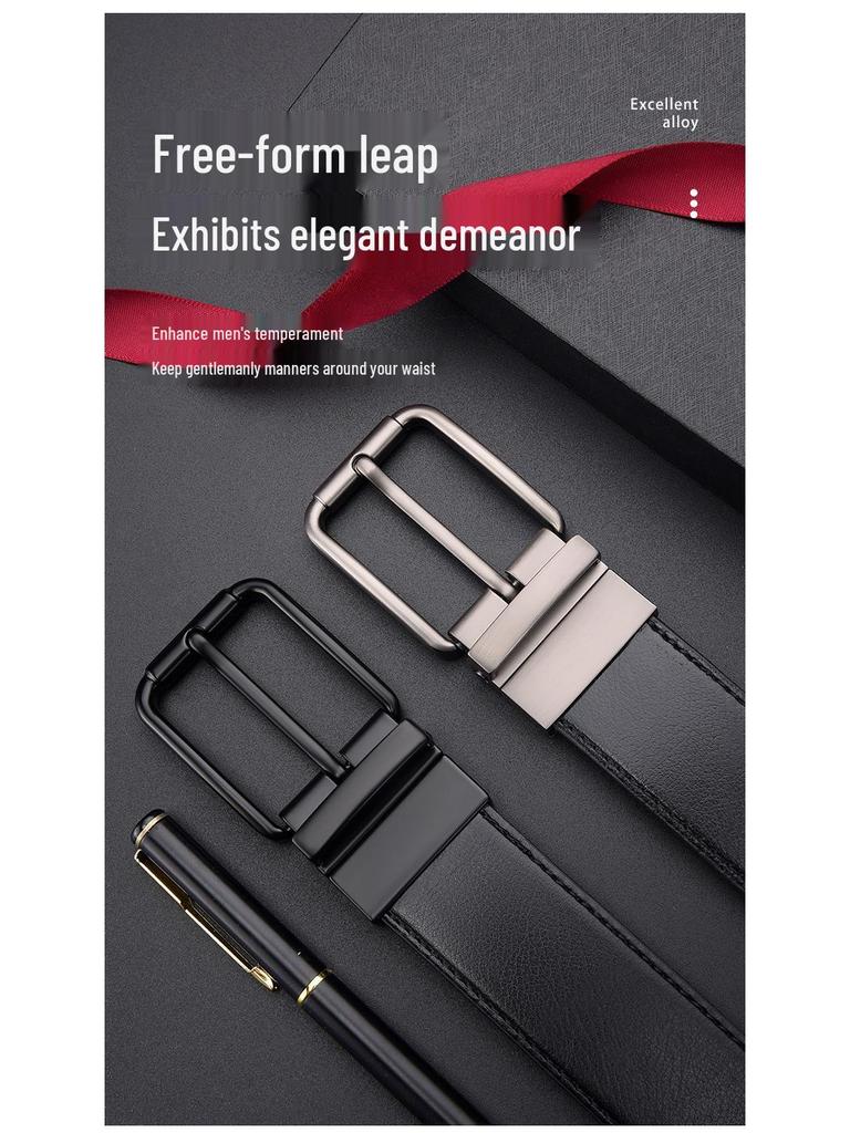 Extra Long Men's Reversible Leather Belt with Rotatable Pin Buckle