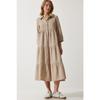 Women's Beige Muslin Flared Shirt Dress Sa00024
