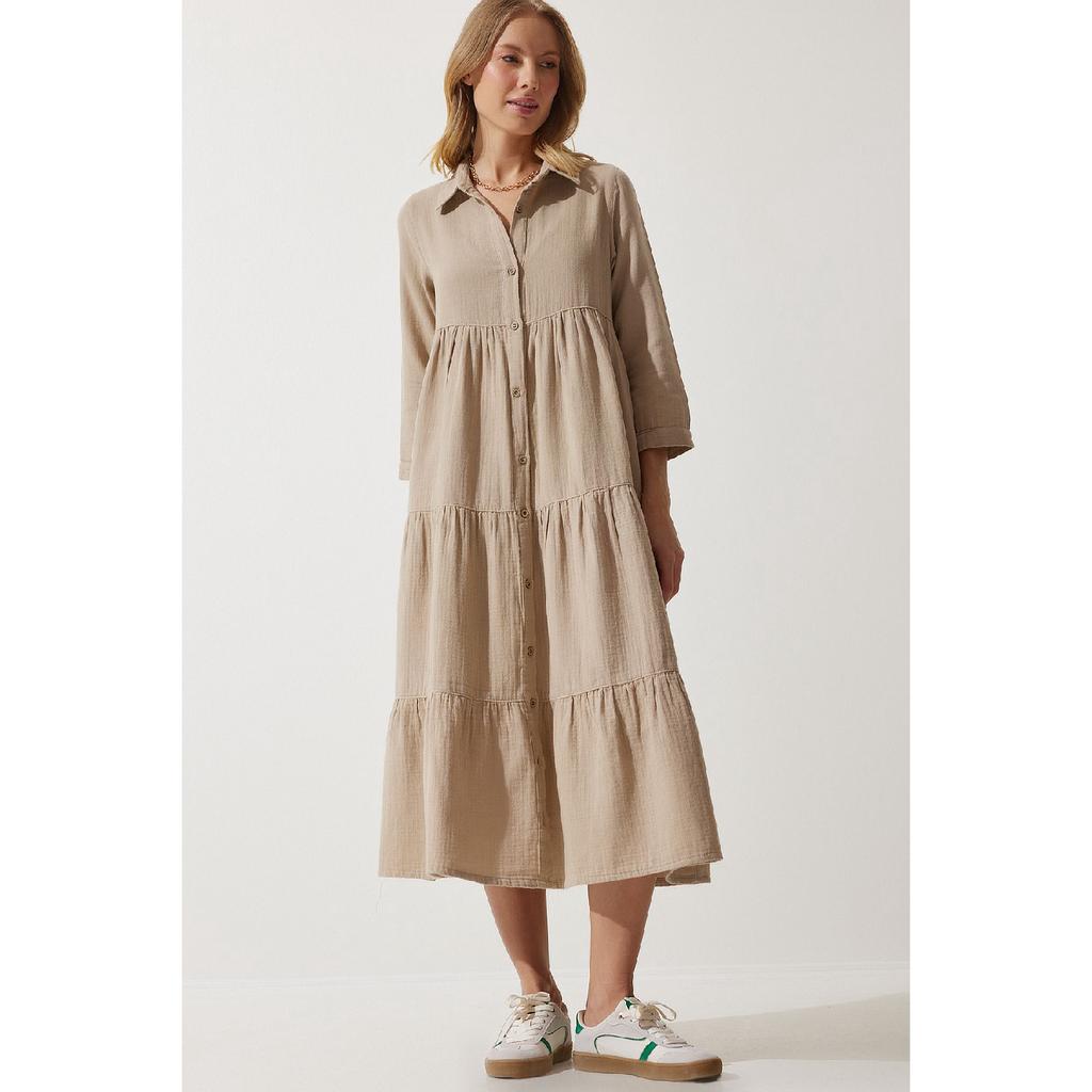 Women's Beige Muslin Flared Shirt Dress Sa00024