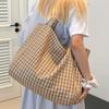 Large Capacity Plaid Canvas Tote Bag Summer Fashion Literary Lazy Shoulder Shopping Bag