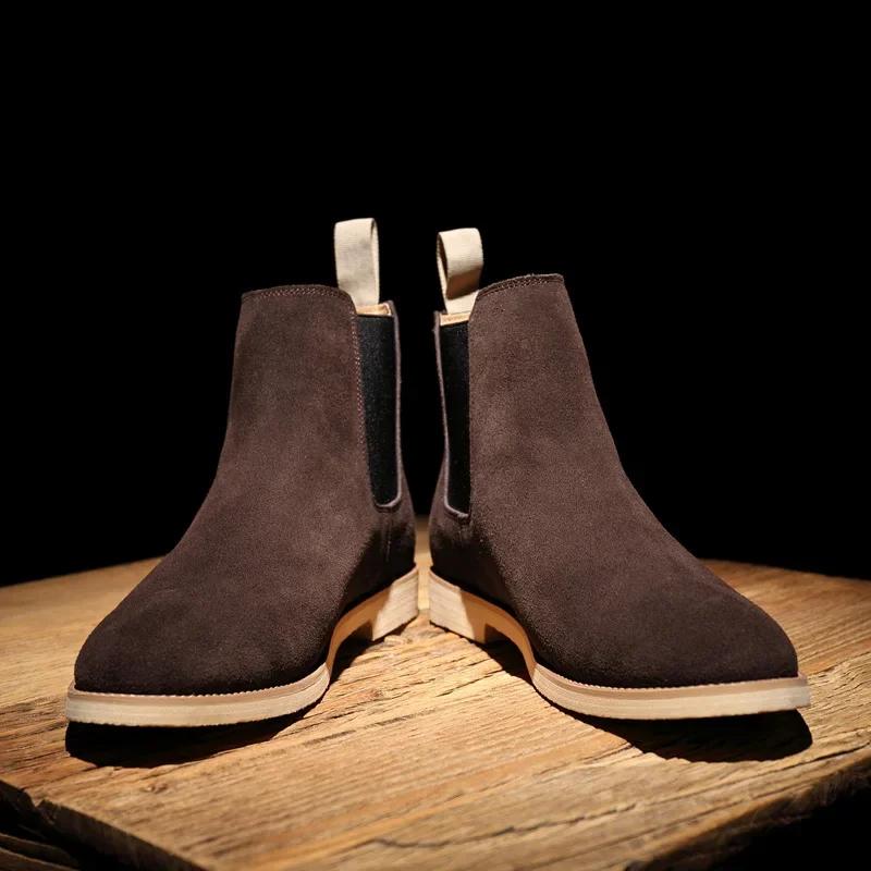 British Style Men's Genuine Suede Leather Chelsea Boots High-top Dress Shoes Fashion Warm Winter Men Riding Boots Shoes for Men