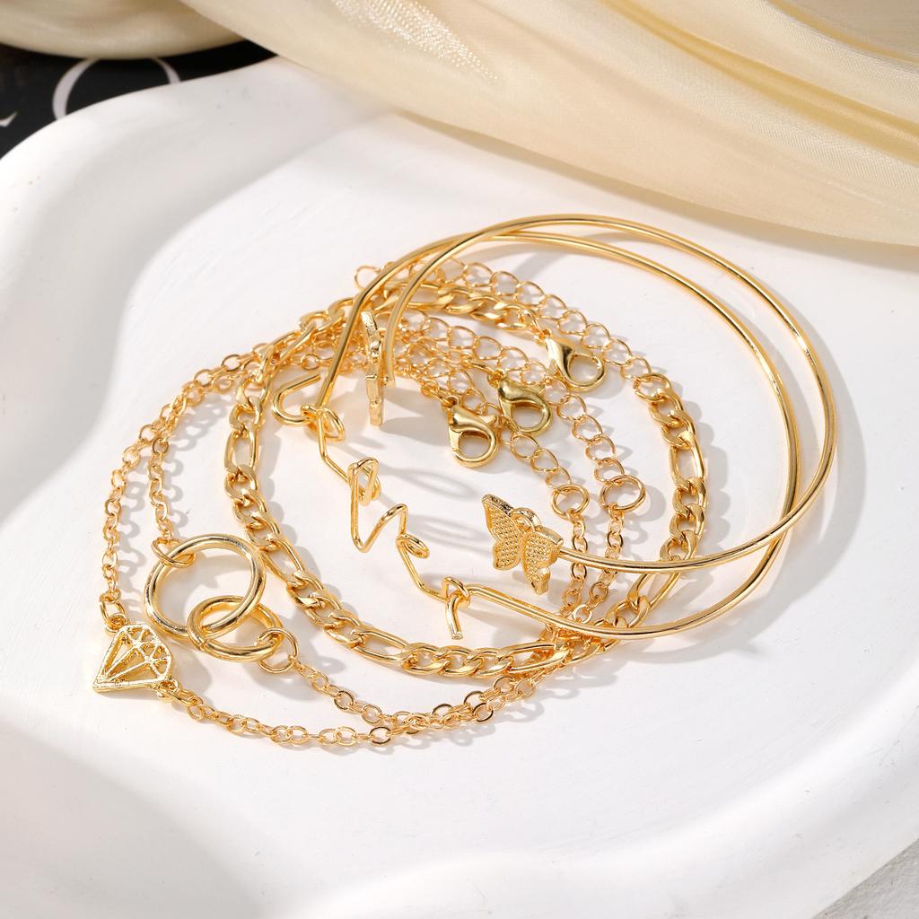 Fashionable and Unique Retro-style Butterfly Open Cuff bracelet5Set Metal Hollow-out Bracelet