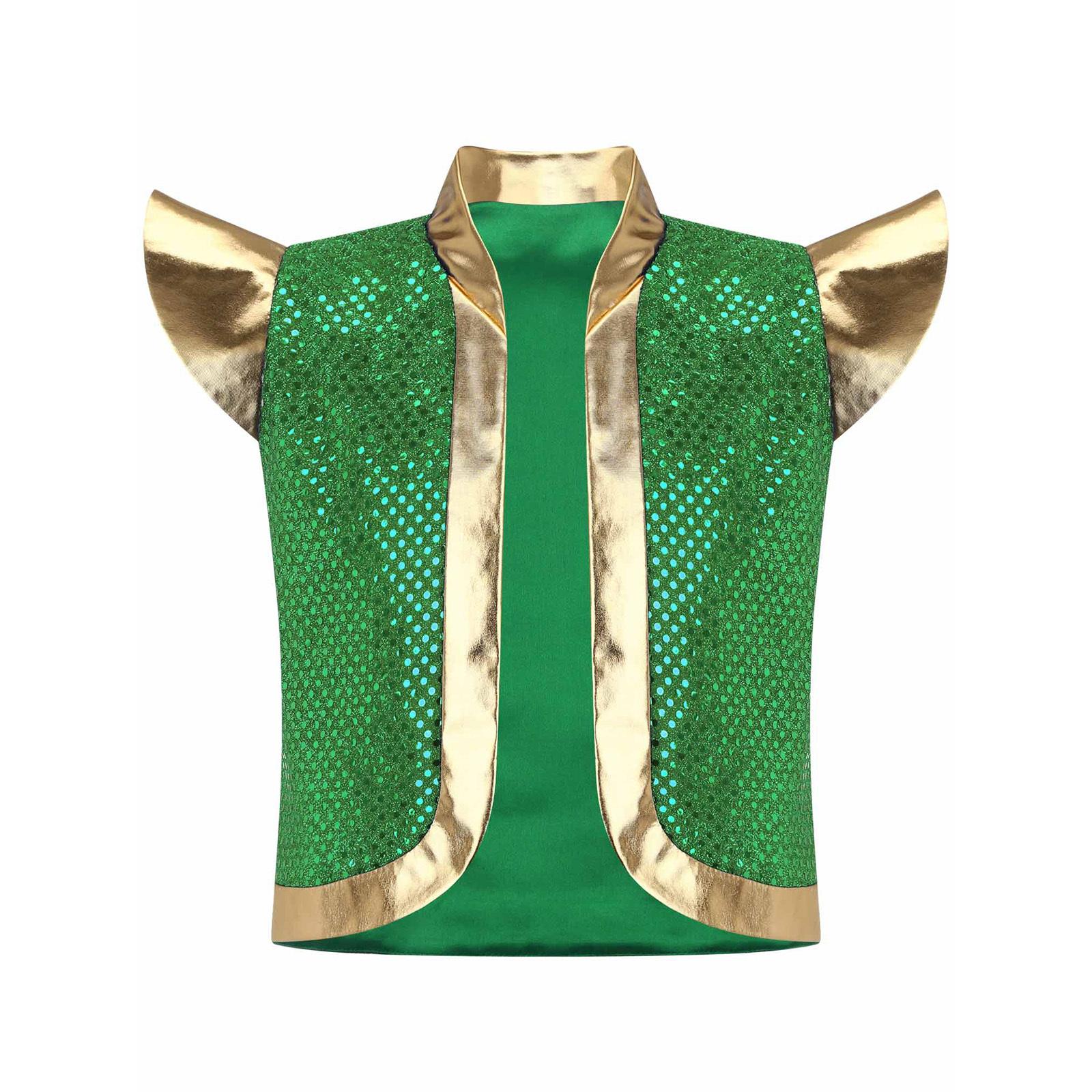 

Boy Metallic Sequins Vest Stand Collar Shoulder Pads Open Front Arabian Halloween Performance Costume 5-6 Years зелений