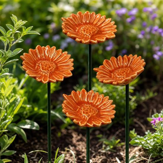 Nostalgie Bee Water Feeder, Handmade Ceramic Flower Garden Stake, Mini Pollinator Watering Station, Small Bird Bath Butterfly Feeder for Outdoor Yard
