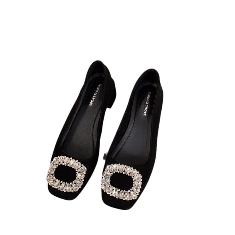 French Medium High Heel Black Square Head Rhinestone Single Shoes Women's Shoes 2025 New Autumn and Winter Red Wedding Shoes Evening Shoes