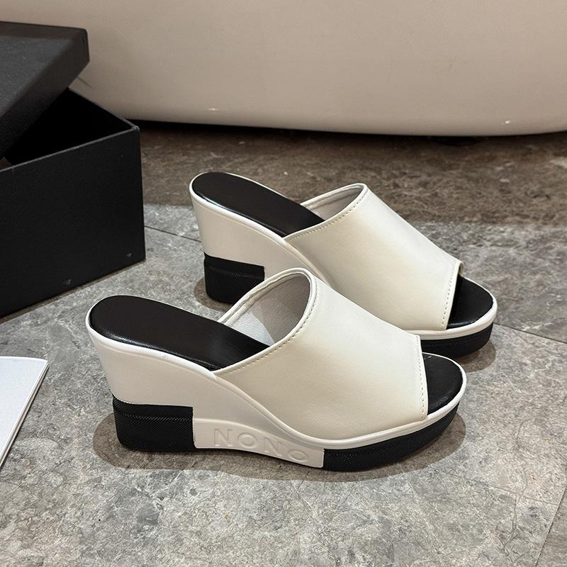 Summer New Sandals Women's Thick-bottomed Muffins, High-heeled Colored Wedges, Comfortable One-word Cool Slippers