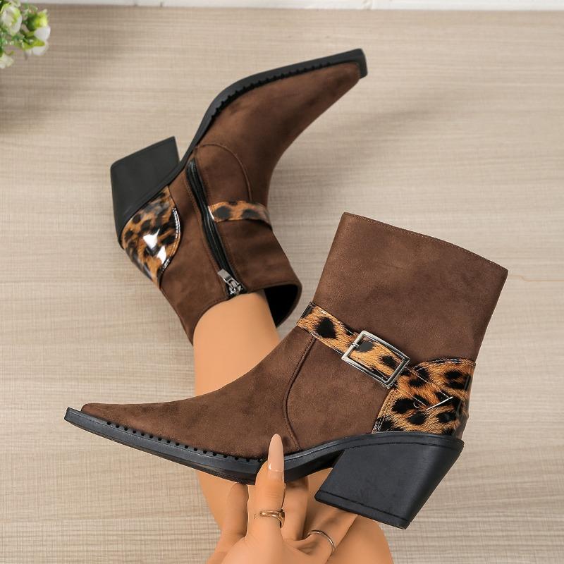 Chunky-heeled Fashion Boots2025Spring and Autumn New Style Leopard Print Belt Buckle Decorated Mid-heeled Mid-calf Women's Boots