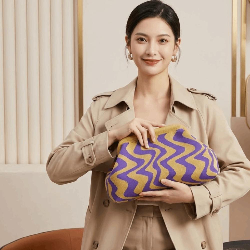Vintage Knitted Coin Purse Geometric Striped Large Capacity Evening Bag Polyester Wavy Pattern Hand-holding Dumpling Bag Beach