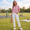 Dames Zomer Korte Mouw Losse Pasvorm Gekreukeld Linnen Gestreept Print Shirt Top