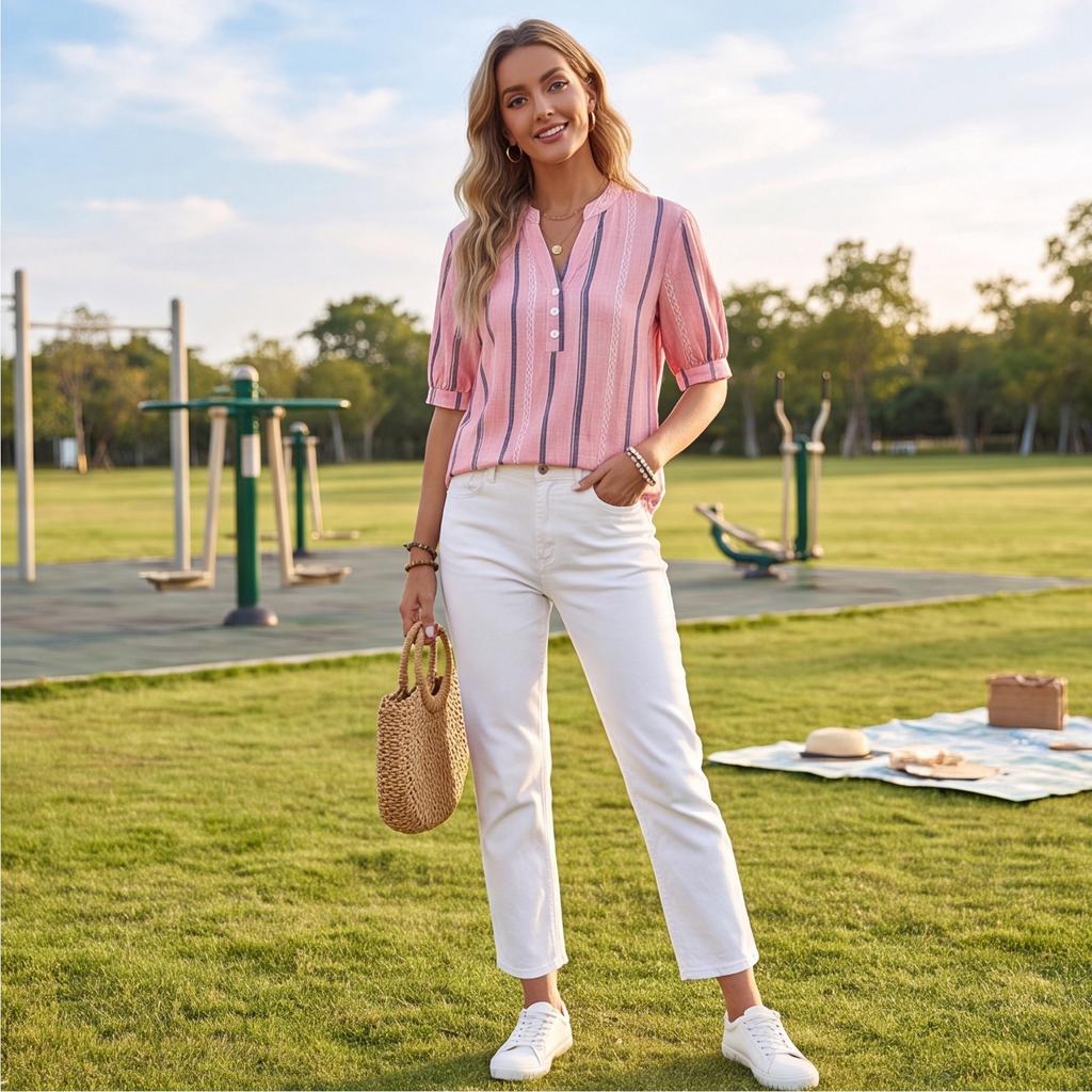 Dames Zomer Korte Mouw Losse Pasvorm Gekreukeld Linnen Gestreept Print Shirt Top