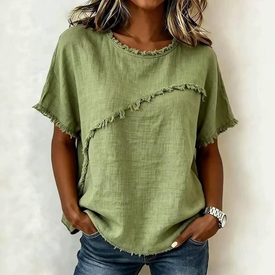 Women Round Neck Short Sleeve Linen Blend Blouse Raw Frayed Edge Splicing Fringe Boho Casual Summer Tops