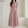 ZANZEA Women Casual Turn Down Collar Short Sleeve Elegant Long Dress