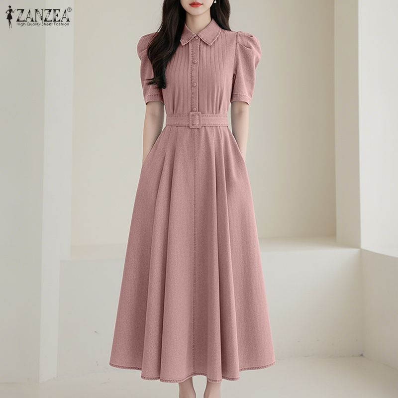 ZANZEA Women Casual Turn Down Collar Short Sleeve Elegant Long Dress