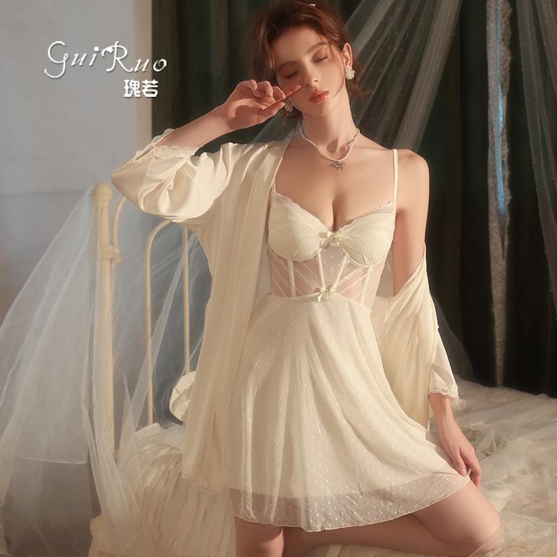 Women's Silky Push Up Padded Sleep Dress with Robe Lounge Set