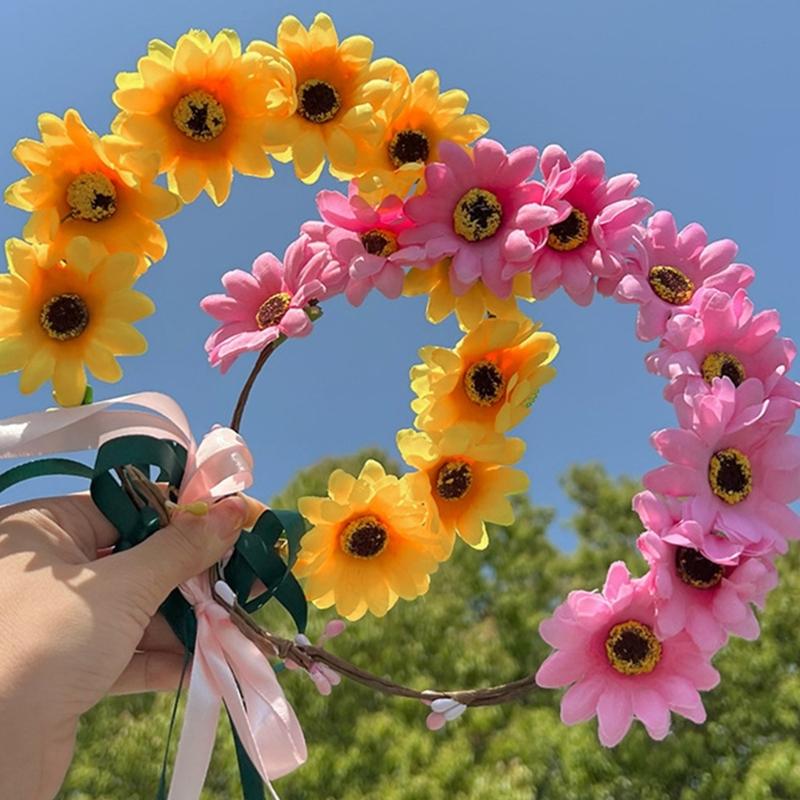 Realistic Sunflower Garland Headband Bohemian Crown Headpiece Tiaras Flower Hairband Women Wedding Party Accessories