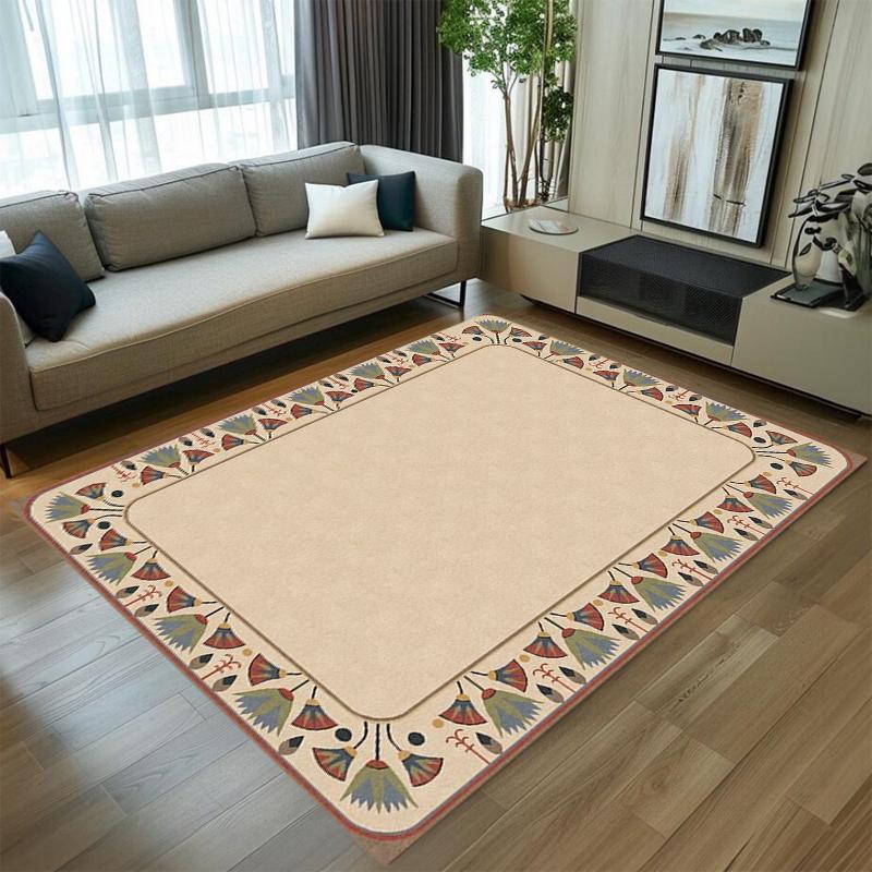 Ins Style Nordic Minimalist Floral Border Area Rug, Beige Colorful Boho Print Floor Mat, Non-Slip Living Room Carpet Bedroom