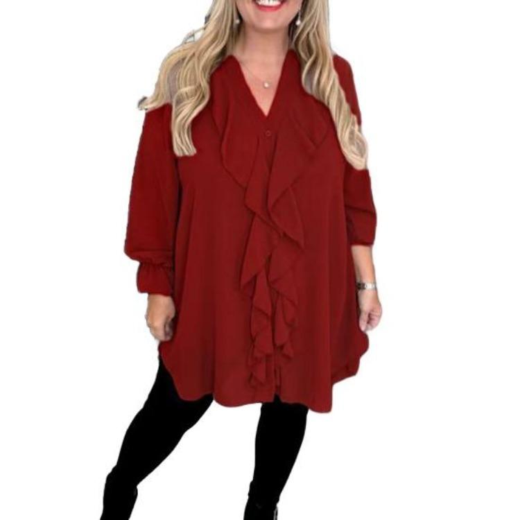Casual Women Blouse V Neck Loose Fit Long Sleeve Ruffle Trim Solid Color Chiffon Daily Wear Tops
