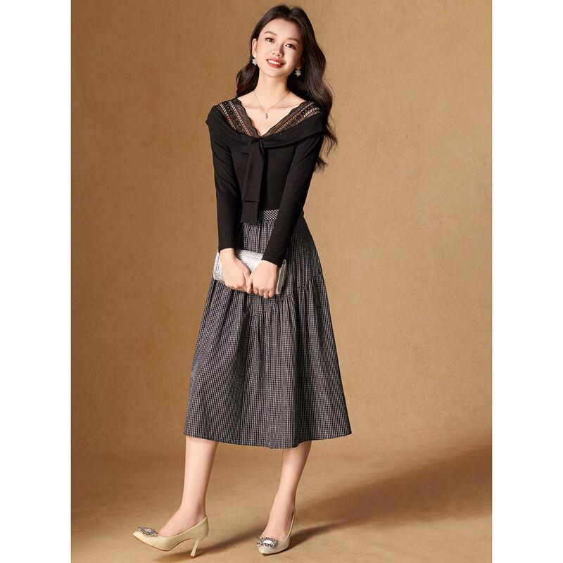 Meilanni Houndstooth Lace Patchwork V-Neck A-Line Dress L