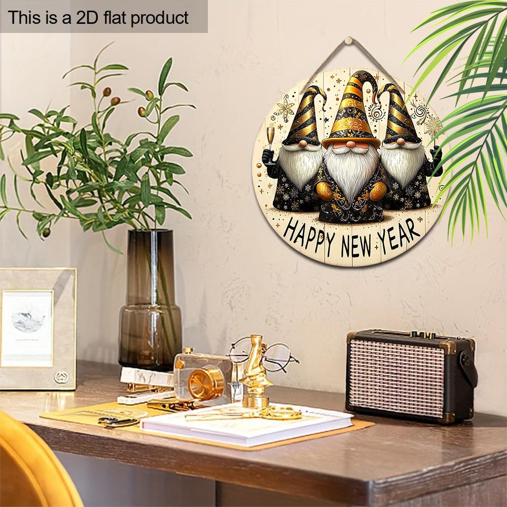 Celebrate The New Year Wooden Ornament with Gnomes Pattern - Happy New Year Round Sign for Front Door, Wall Hanging Decor
