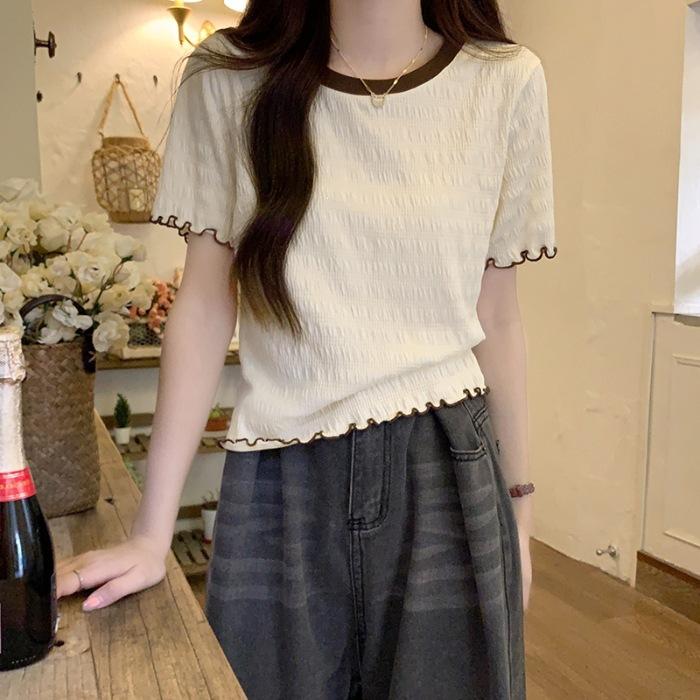 Design fungus edge short-sleeved t-shirt women s summer senior age-reducing top S