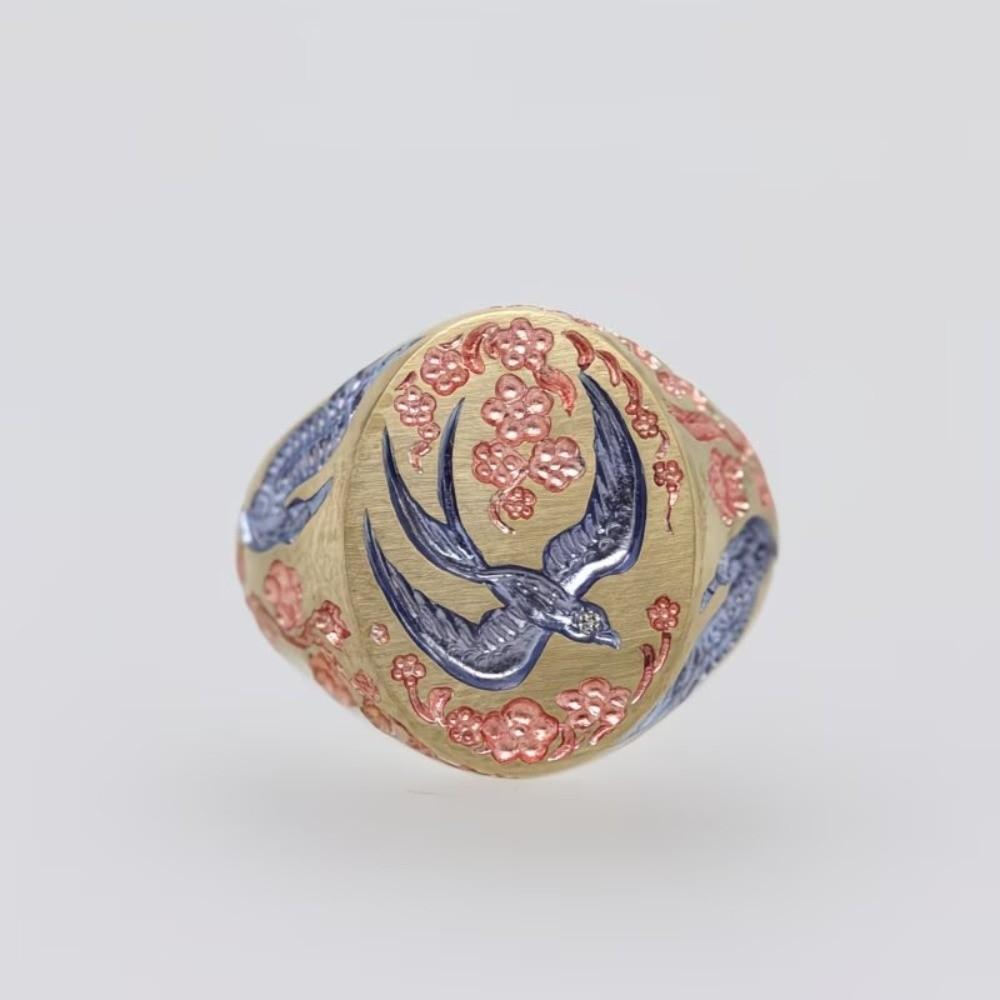 Vintage Enamel Floral Ring Elegant Wild Duck Ring Aesthetic Finger Jewelry Girls
