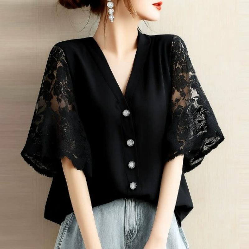 Vintage Shirts Summer Lace Crochet Blouse Women Lapel Neck Half Sleeve Tops Embroidered Femme Causal Work Shirt