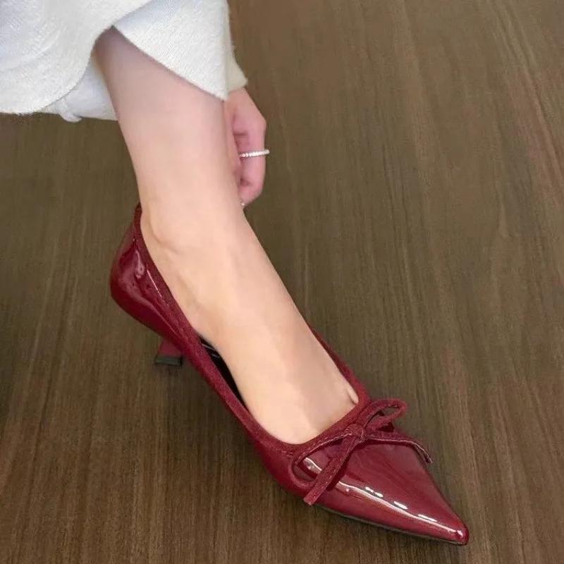 

Модные однотонные классического стиля новые женские туфли-лодочки, ретро, простые, изысканная работа, универсальные женские туфли на высоком каблуке 35 вино красного