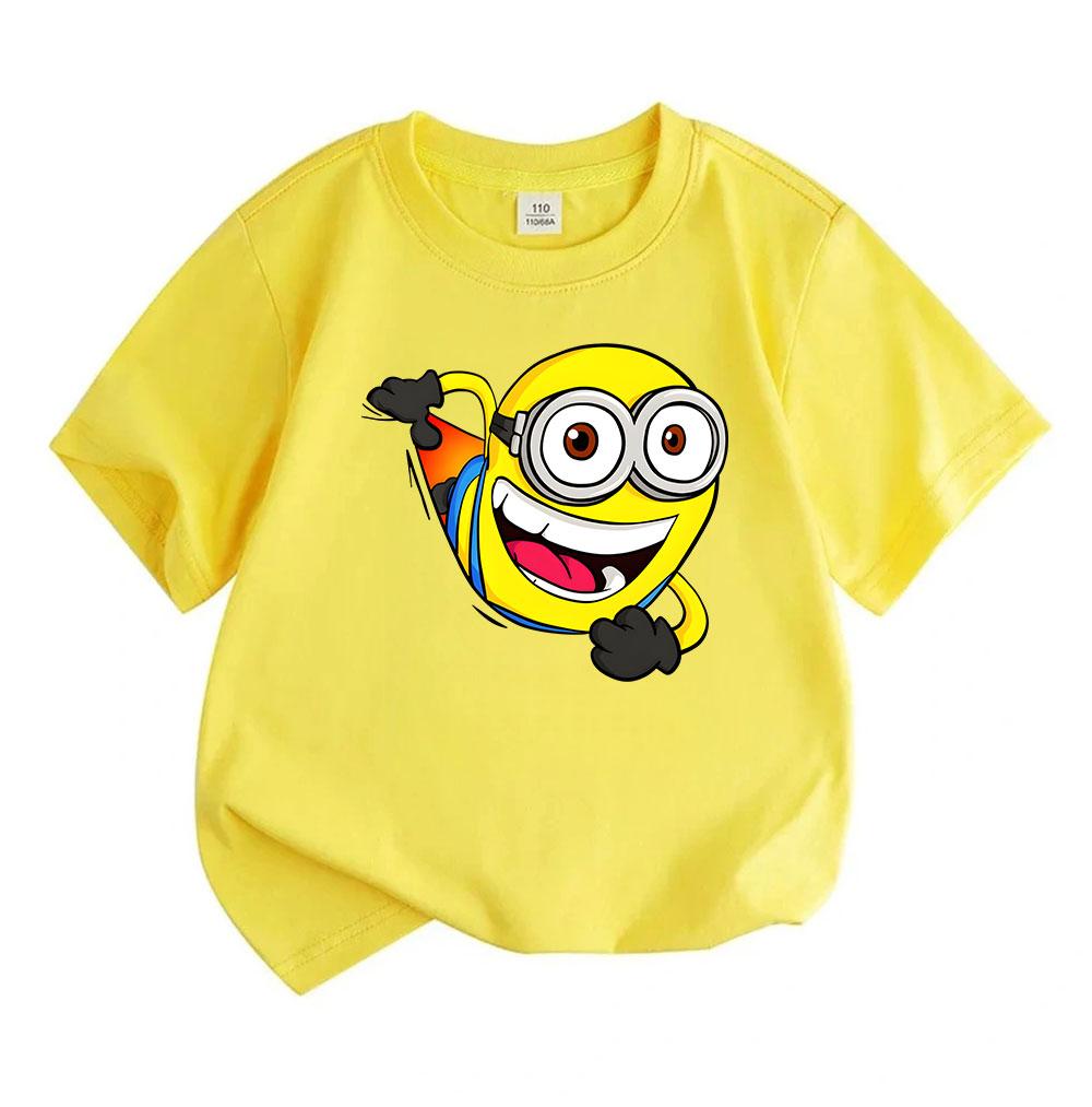 Cartoon Funny Yellow Round Face Character Print Kids 100% Cotton T-Shirt Boys Girls Crew Neck Short Sleeve Casual Lightweight Tee for Daily Wear Outdo
