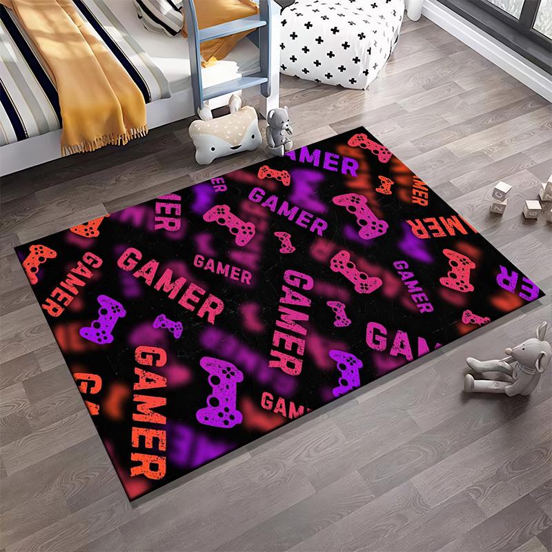 Gamer Carpet with Red and Purple Controller Pattern on Black Background Suitable for use as an anti-slip for living room bedroom sofas