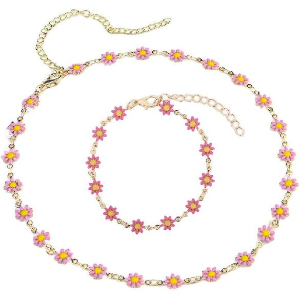 Pingyongchang Daisy Flower Necklace and Bracelet Set for Women - Bohemian Enamel Choker, Handmade Gold Spring Sunflower Jewelry for Party and Beach