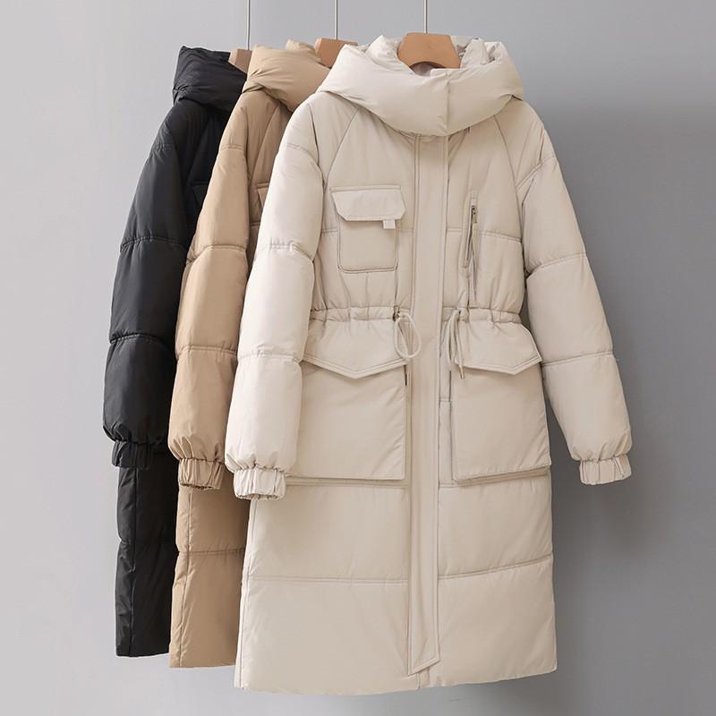 Womens Long Puffer Coat With Detachable Hood Winter Warm Cotton-Padded Parka Slim Fit Mid-Length
