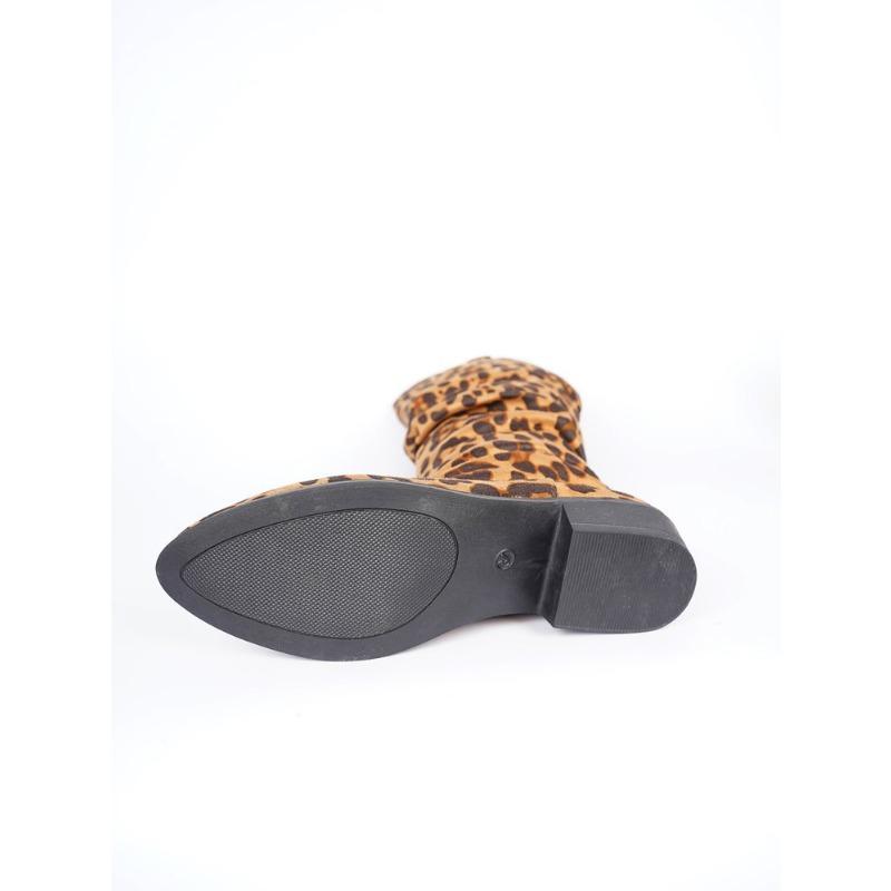 Damskie kozaki za kolano w panterkę/czarnej skórze na słupku - Jesień 2025 Nowość, Hurtownia