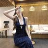 French Neck-hanging Waist Floral Suspender Dress Women's Summer Niche Design Sense Spice Girl Lace Splicing Coffee Break Dress